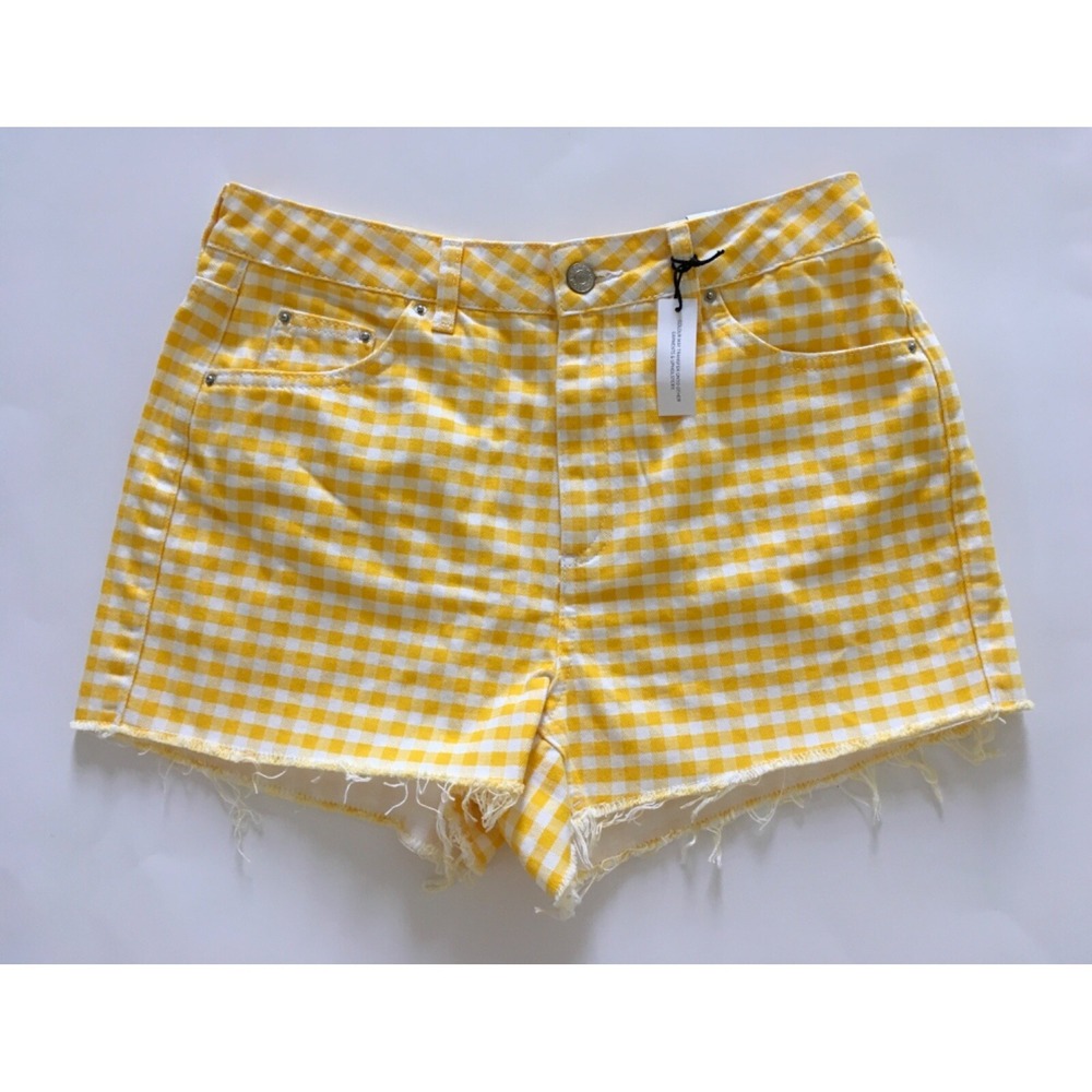 Topshop Moto Yellow & White Checkered High Waisted Cut Off Mom Jean Shorts Sz 8